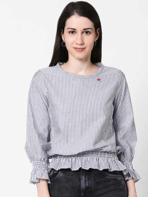 

TERQUOIS Women Off-White Striped Blouson Top