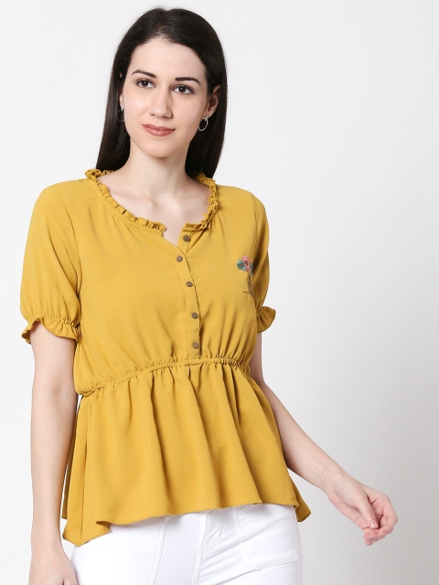 

TERQUOIS Women Mustard Yellow Solid Cinched Waist Top