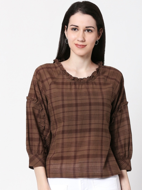 

TERQUOIS Women Brown Checked Pure Cotton Top