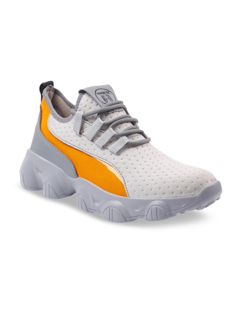 

mr.wonker Men Grey & Orange Colourblocked Synthetic Mid-Top Sneakers