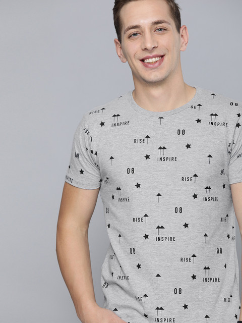 

HERE&NOW Men Grey & Black Printed Round Neck T-shirt