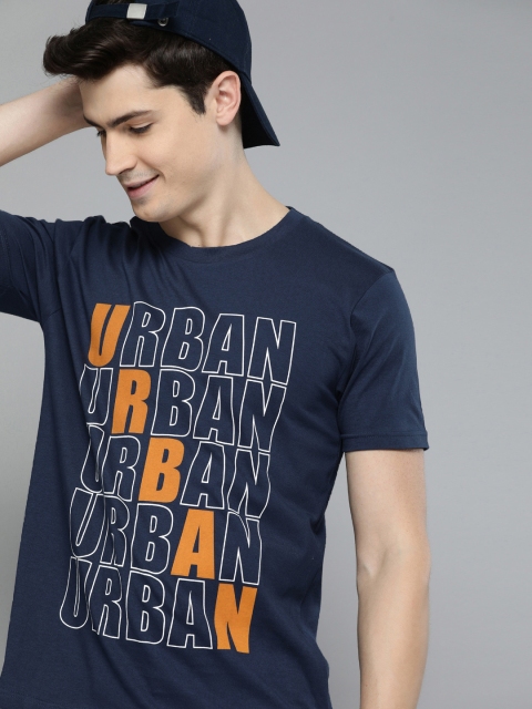 

HERENOW Men Navy Blue Printed Round Neck Pure Cotton T-shirt