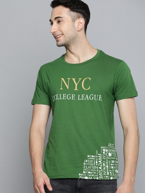 

HERENOW Men Green Printed Round Neck Pure Cotton T-shirt