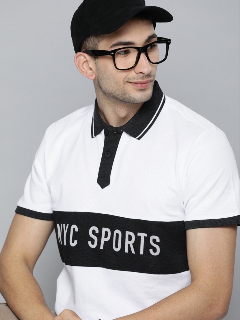 

HERE&NOW Men White & Black Printed Polo Collar T-shirt