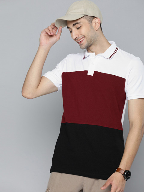 

HERE&NOW Men White & Maroon Colourblocked Polo Collar T-shirt