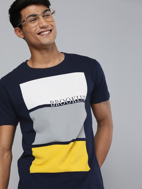

HERENOW Men Navy Blue Colourblocked Round Neck Pure Cotton T-shirt