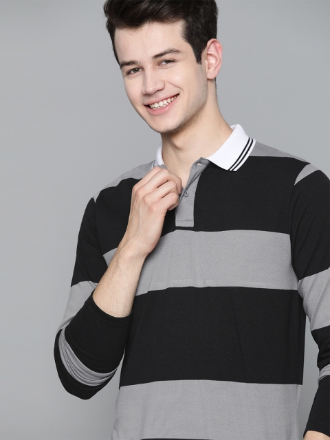 

HERE&NOW Men Grey & Black Striped Polo Collar T-shirt