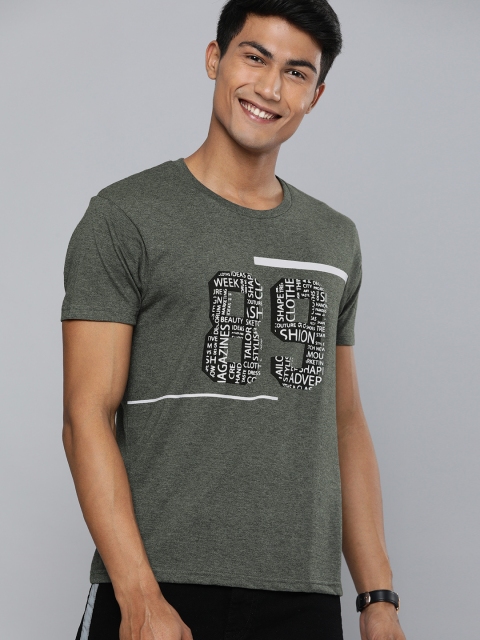 

HERE&NOW Men Grey Melange Printed Round Neck T-shirt