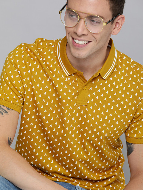 

HERE&NOW Men Mustard Yellow & White Printed Polo Collar T-shirt
