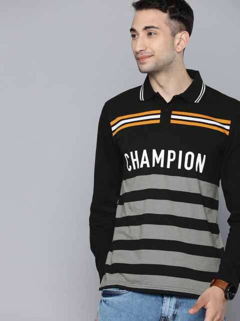 

HERE&NOW Men Black & Grey Striped Polo Collar T-shirt
