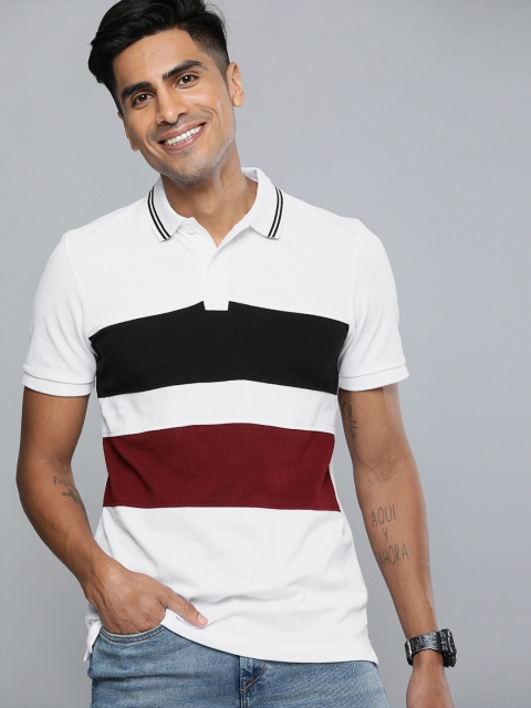 

HERENOW Men White Navy Blue Striped Polo Collar Pure Cotton T-shirt