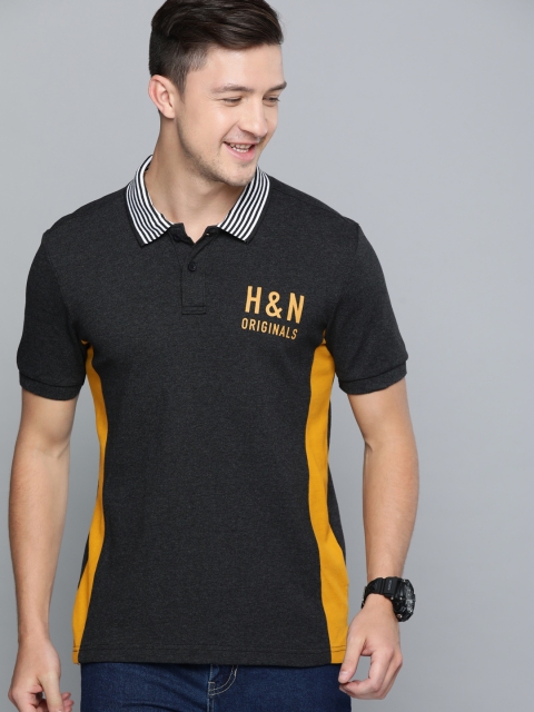 

HERENOW Men Charcoal Grey Solid Polo Collar Pure Cotton T-shirt with Side Taping