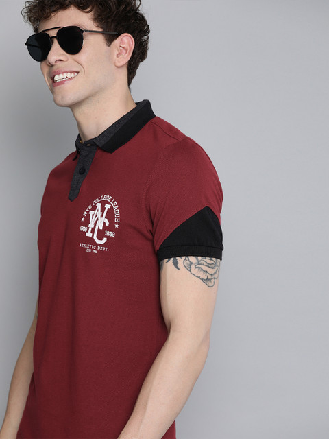 

HERE&NOW Men Maroon Solid Polo Collar T-shirt with Contrast Detail
