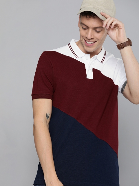 

HERE&NOW Men Navy Blue & Burgundy Colourblocked Polo Collar T-shirt