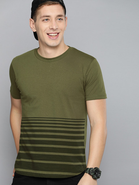 

HERE&NOW Men Olive Green Striped Round Neck T-shirt