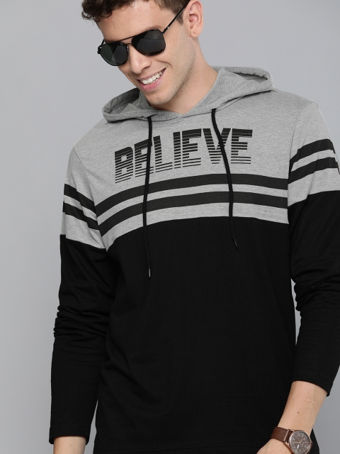

HERE&NOW Men Black & Grey Melange Colourblocked Hood T-shirt