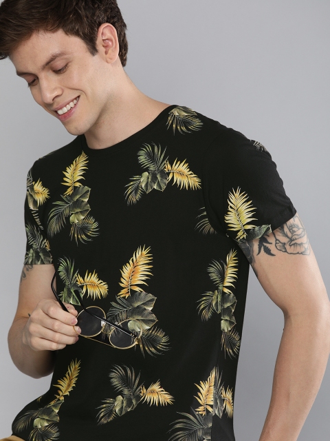 

HERENOW Men Black Tropical Print Round Neck Pure Cotton T-shirt