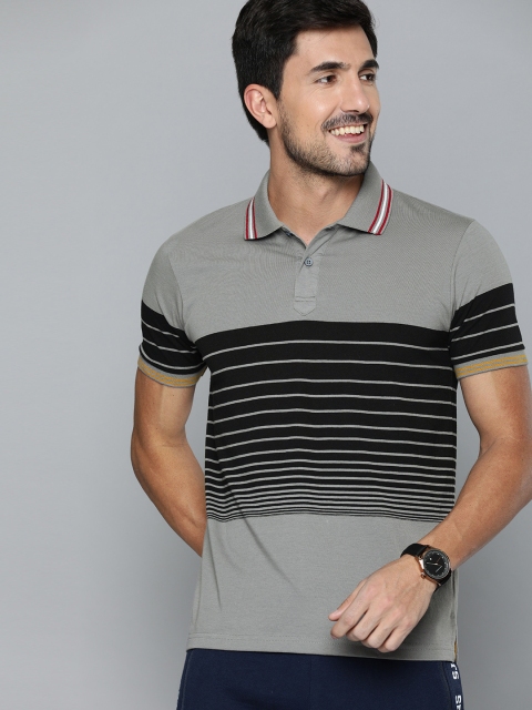 

HERE&NOW Men Grey & Black Striped Polo Collar T-shirt