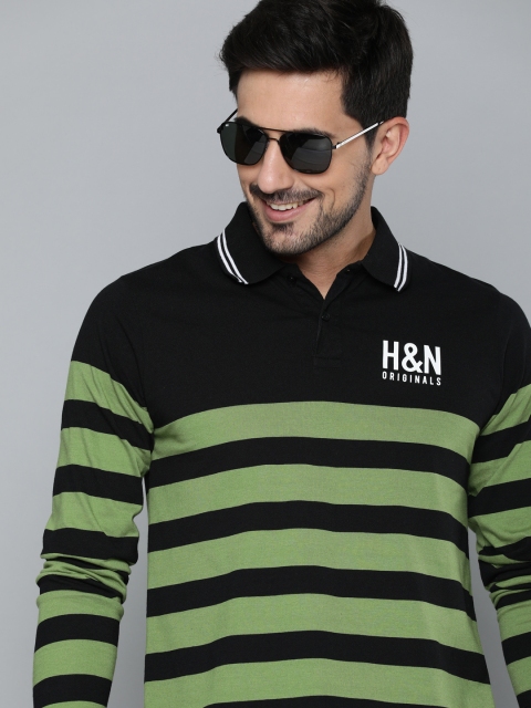 

HERE&NOW Men Black & olive Green Striped Polo Collar T-shirt