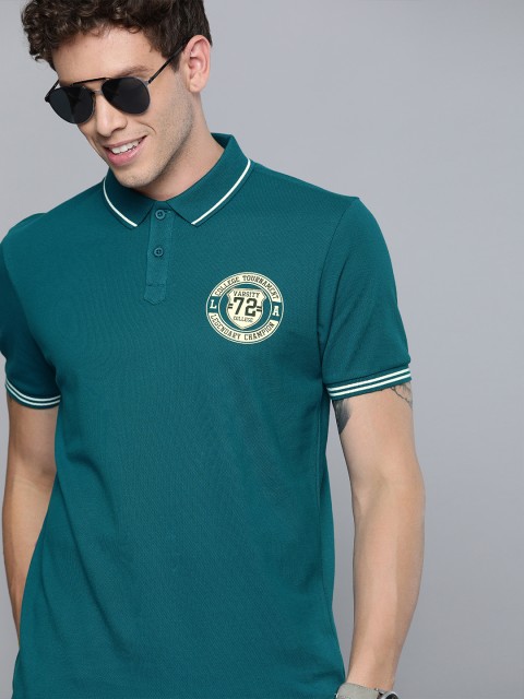 

HERE&NOW Men Teal Blue Solid Polo Collar T-shirt