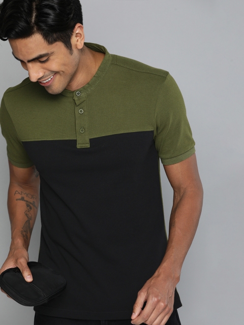 

HERENOW Men Black Olive Grey Colourblocked Polo Collar Pure Cotton T-shirt