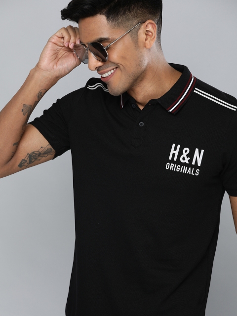 

HERENOW Men Black Solid Polo Collar Pure Cotton T-shirt