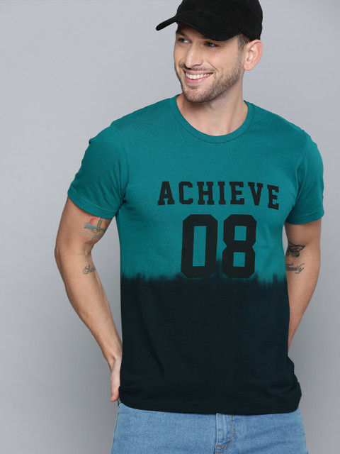 

HERE&NOW Men Teal & Black Printed Round Neck T-shirt