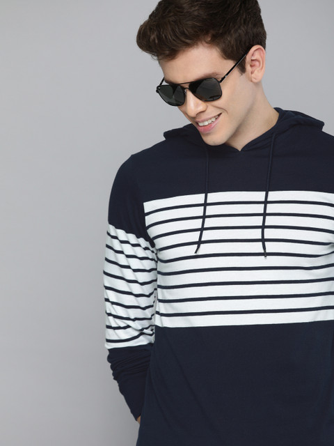 

HERE&NOW Men Navy Blue Striped Hood T-shirt