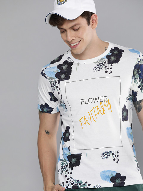 

HERE&NOW Men White & Blue Floral Print Pure Cotton T-shirt Typography Print Detail