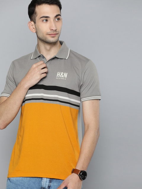 

HERE&NOW Men Grey & Mustard Yellow Colourblocked Polo Collar T-shirt