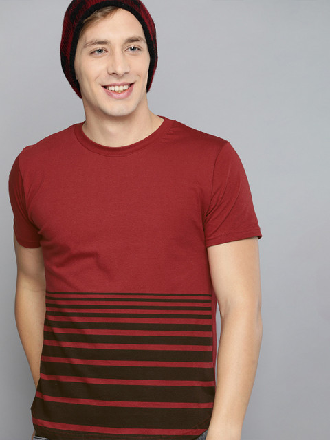

HERE&NOW Men Maroon Striped Round Neck T-shirt