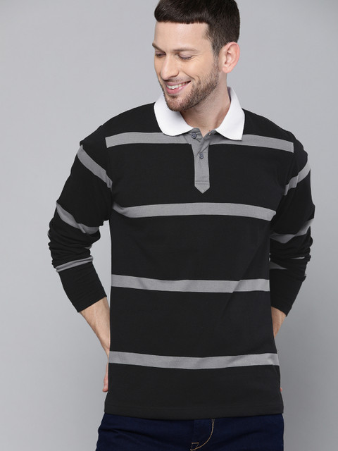 

HERE&NOW Men Grey Striped Polo Collar T-shirt