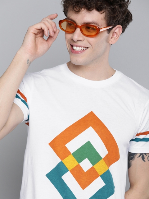 

HERENOW Men White Orange Printed Round Neck Pure Cotton T-shirt