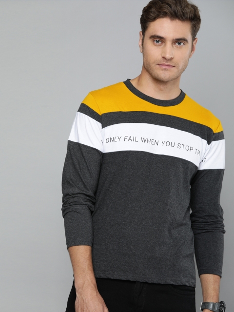 

HERE&NOW Men Charcoal Grey & Mustard Yellow Colourblocked Round Neck T-shirt