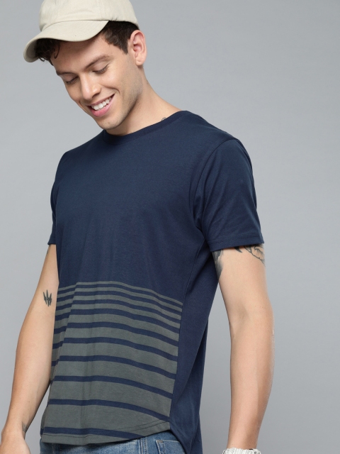 

HERE&NOW Men Navy Blue & Grey Striped Round Neck T-shirt