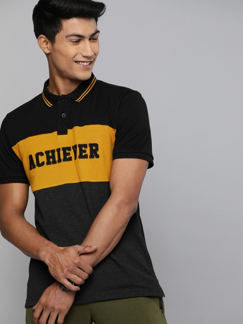 

HERENOW Men Black Typography Printed Polo Collar Pure Cotton T-shirt with Colourblocked Detail