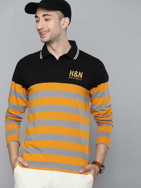 

HERE&NOW Men Black & Mustard Yellow Striped Polo Collar T-shirt