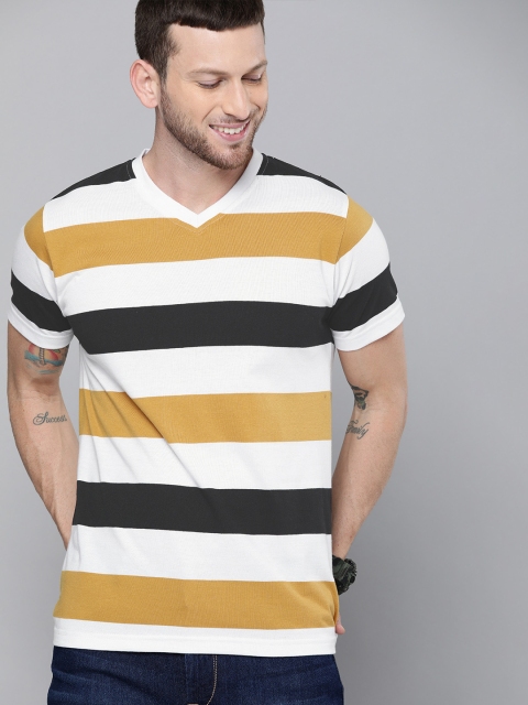 

HERE&NOW Men White Striped Round Neck T-shirt