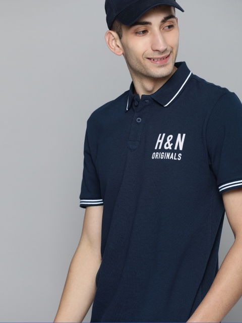 

HERE&NOW Men Navy Blue Solid Polo Collar T-shirt With Printed Detailing