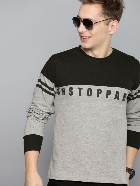 

HERE&NOW Men Grey Melange Colourblocked Round Neck T-shirt