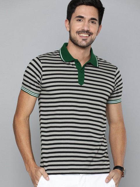 

HERE&NOW Men Black & Grey Striped Polo Collar T-shirt
