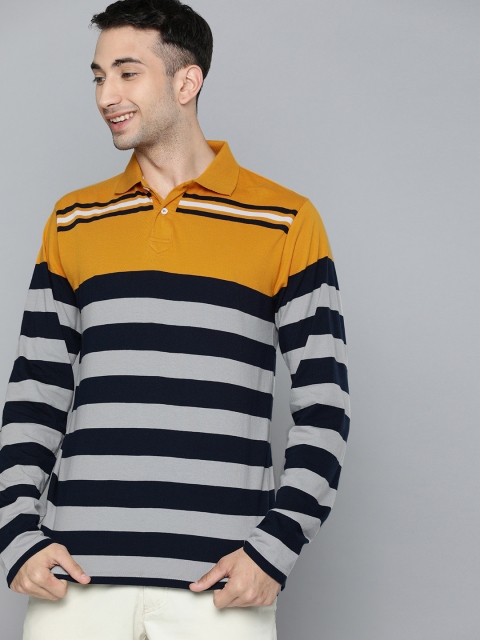 

HERE&NOW Men Mustard Yellow & Black Striped Polo Collar T-shirt