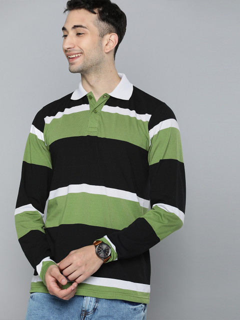

HERENOW Men Green Black Colourblocked Polo Collar Pure Cotton T-shirt