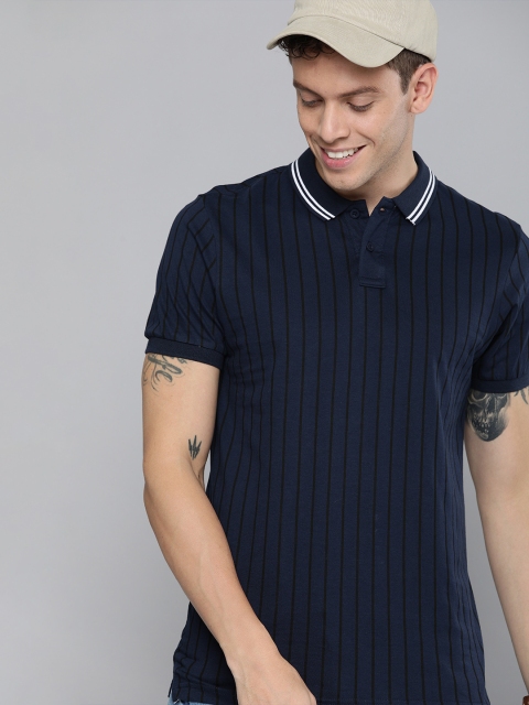 

HERE&NOW Men Navy Blue & Black Striped Polo Collar T-shirt