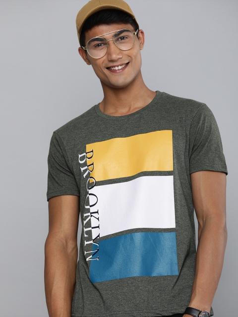 

HERE&NOW Men Grey Melange Colourblocked Round Neck T-shirt