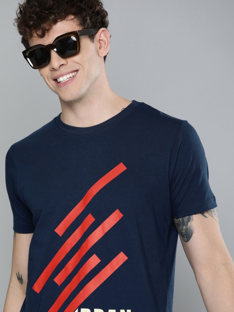 

HERENOW Men Navy Blue Printed Round Neck Pure Cotton T-shirt