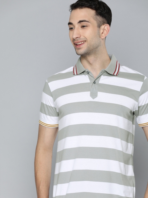 

HERE&NOW Men White & Grey Striped Polo Collar T-shirt with Tipping Detail
