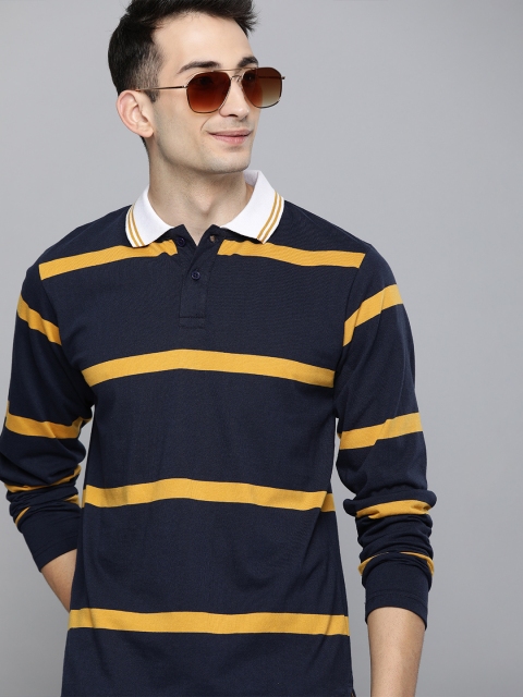 

HERE&NOW Men Navy Blue & Mustard Yellow Striped Polo Collar T-shirt