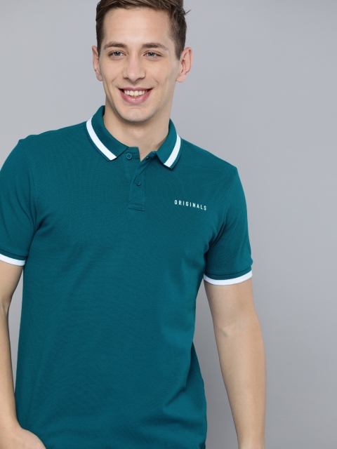 

HERE&NOW Men Teal Blue Solid Polo Collar T-shirt