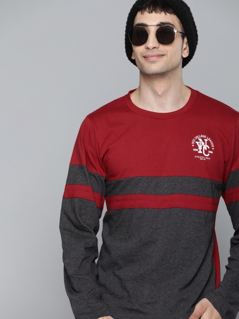 

HERE&NOW Men Charcoal Grey & Maroon Colourblocked Round Neck T-shirt